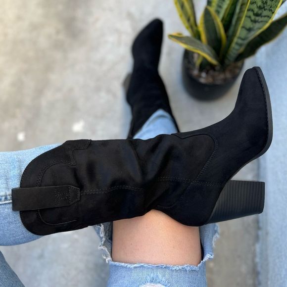 Shoes - Black Cowboy Western Faux Suede Boot